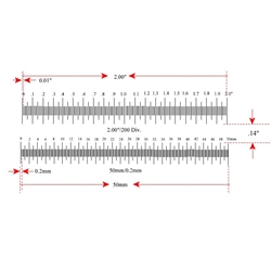 Stage micrometer with 2 scales: 50 mm/ 250 divisions and 2"/ 200 divisions